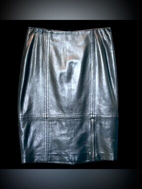 Talbots Black 100% Lambskin Leather Skirt Sz 2 Zipper Hem Paneled Pencil 24" EUC